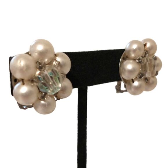 AB Crystal Cluster Earrings Bead JAPAN Faux Pearl Clip-On MCM Aurora Borealis. - Picture 5 of 16